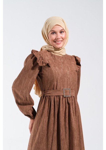 2254_KADIN Nubuk Yakma Desenli Omuz Fırfır ve Kemer Tokası Detaylı Bisiklet Yaka Uzun Kloş Elbise fırsatları