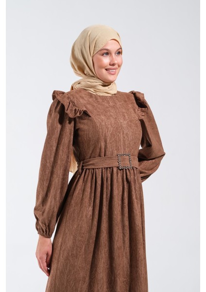 2254_KADIN Nubuk Yakma Desenli Omuz Fırfır ve Kemer Tokası Detaylı Bisiklet Yaka Uzun Kloş Elbise indirimleri