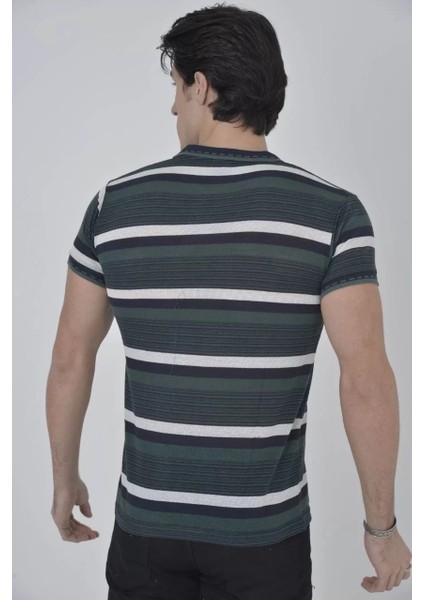 Erkek Yakalı Slim Fit Dokuma Çizgili T-Shirt - Haki fiyatları