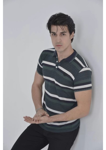Erkek Yakalı Slim Fit Dokuma Çizgili T-Shirt - Haki modelleri