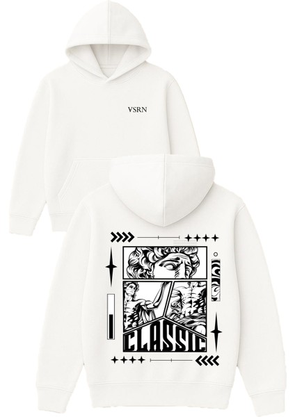 Classıc Tasarım Baskılı Oversize Beyaz Kapüşonlu Sweatshirt