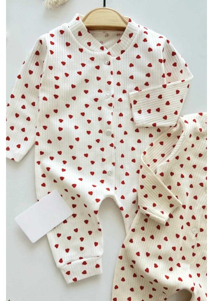 Kız Bebek Küçük Kalp Baskılı Raporlu Çıtçıtlı Yenidoğan Bebek Tulumu %100 Pamuk Esnek 1-3-6 Aylık