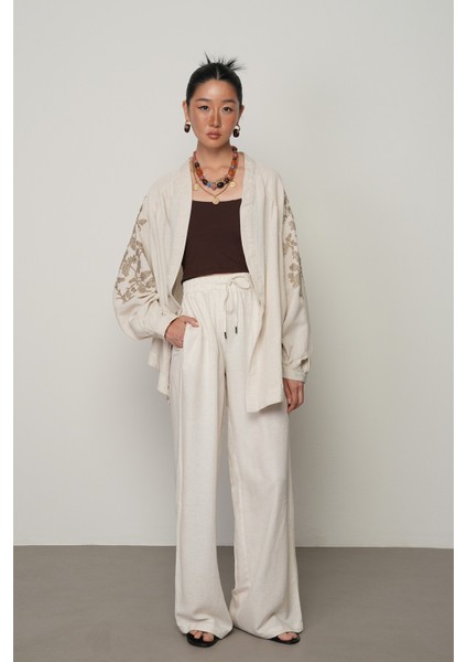 Kadın Natur Renk Düz Bol Paça Beli Lastikli Pantolon