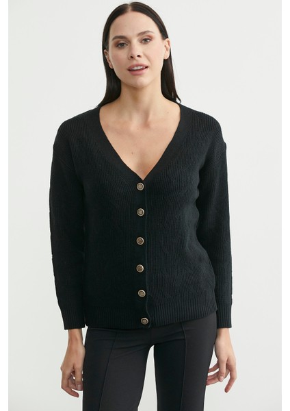 Metal Düğmeli Oversize Triko Hırka - Siyah fiyatları