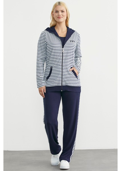 Kapüşonlu Çizgili Eşofman Takım - Lacivert fırsatları