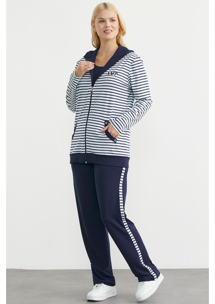 Kapüşonlu Çizgili Eşofman Takım - Lacivert indirimleri