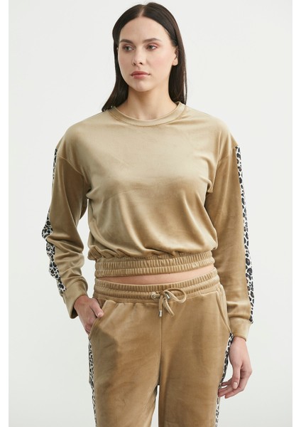 Leopar Kombinli Kadife Eşofman Takım - Vizon fırsatları