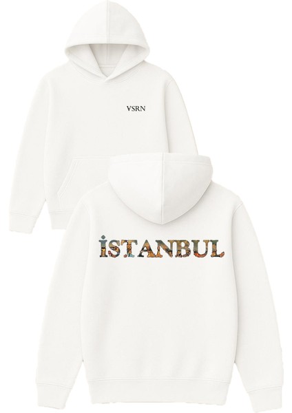 Istanbul 1 Tasarım Baskılı Oversize Beyaz Kapüşonlu Sweatshirt