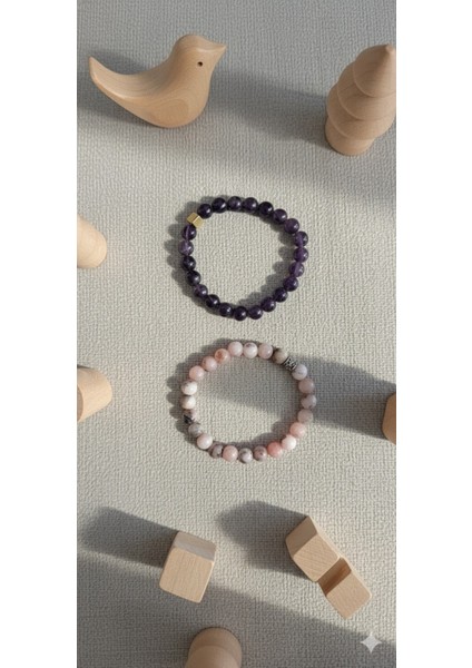 8mm Pembe Kuvars & Ametist Doğal Taş Bileklik Seti - Şifa Enerjisi modelleri