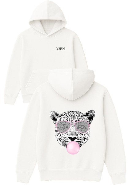 Sakızlı Leopar Tasarım Baskılı Oversize Beyaz Kapüşonlu Sweatshirt