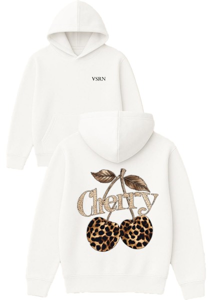 Kiraz Leopar Desenli Cherry Tasarım Baskılı Oversize Beyaz Kapüşonlu Sweatshirt