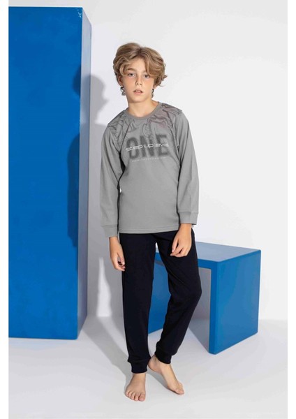 Tarık 10-15 Yaş Erkek Çocuk One Baskılı Interlok Pijama Takımı 4113320 - Füme