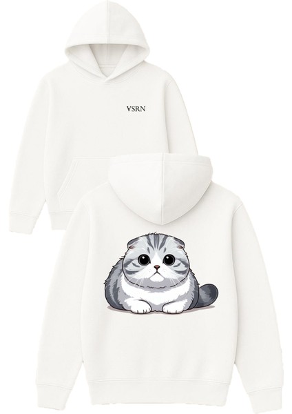 British Kedi Cat Tasarım Baskılı Oversize Beyaz Kapüşonlu Sweatshirt
