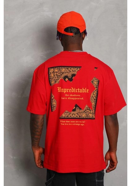 Unisex Oversize Baskılı Bisiklet Yaka T-Shirt - Kırmızı indirimleri