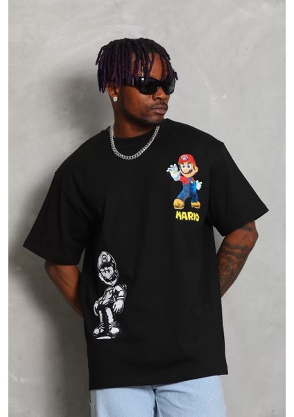 Unisex Oversize Baskılı Bisiklet Yaka T-Shirt - Siyah fiyatları