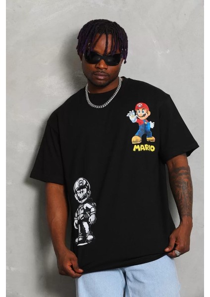 Unisex Oversize Baskılı Bisiklet Yaka T-Shirt - Siyah modelleri