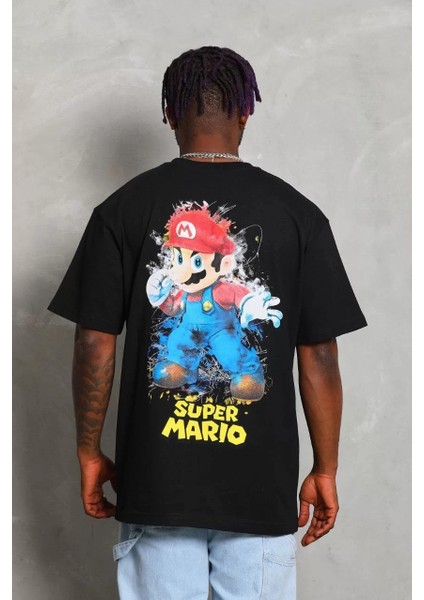 Unisex Oversize Baskılı Bisiklet Yaka T-Shirt - Siyah fırsatları