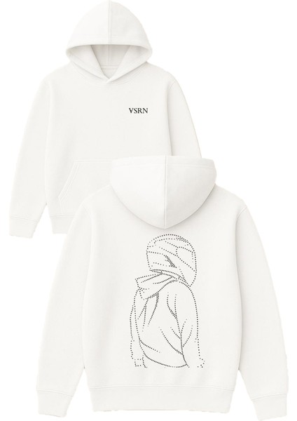 Parıltılı Kasklı Motorcu Tasarım Baskılı Oversize Beyaz Kapüşonlu Sweatshirt