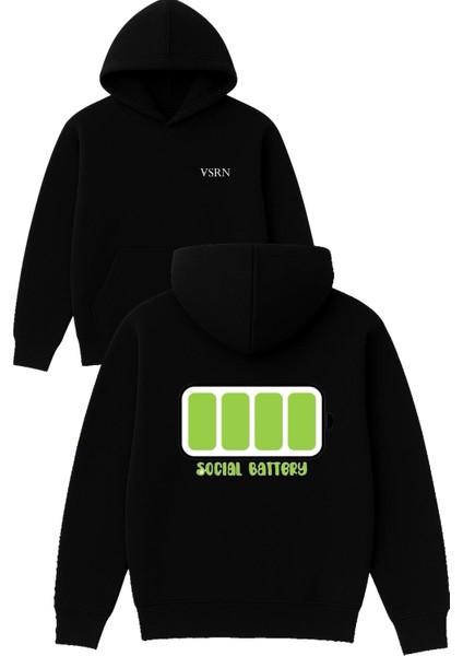 Full Social Batery Tasarım Baskılı Oversize Siyah Kapüşonlu Sweatshirt