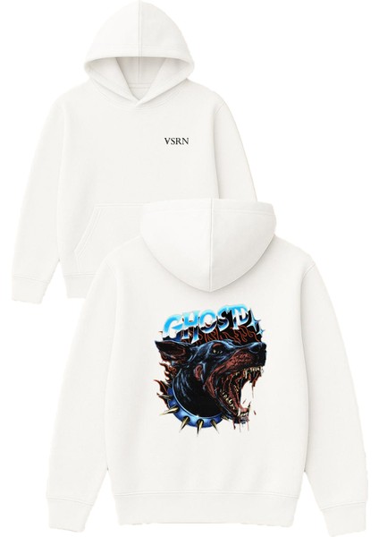 Ghostd Tasarım Baskılı Oversize Beyaz Kapüşonlu Sweatshirt