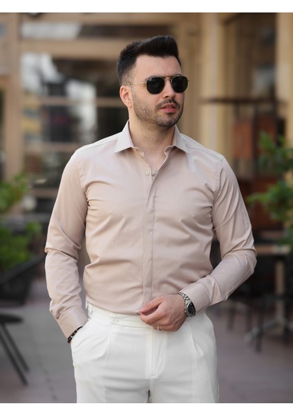 Süper Slim Fit (Dar Kalıp ) Gizli Düğmeli Pamuk Saten Gömlek