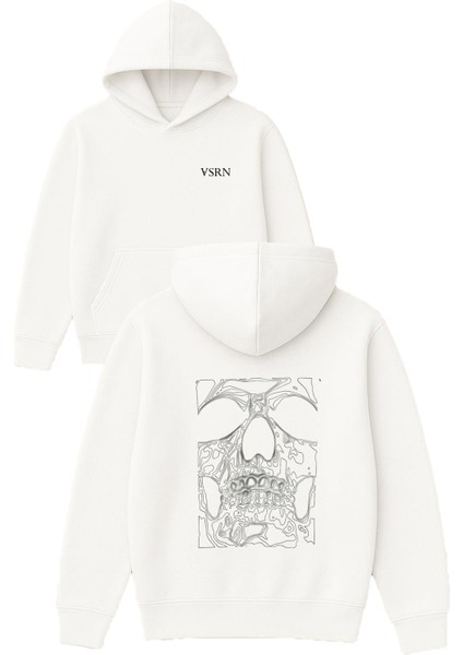Iskelet Kral Tasarım Baskılı Oversize Beyaz Kapüşonlu Sweatshirt