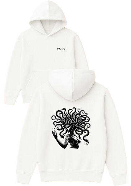 Medusa Yılanlı Tasarım Baskılı Oversize Beyaz Kapüşonlu Sweatshirt