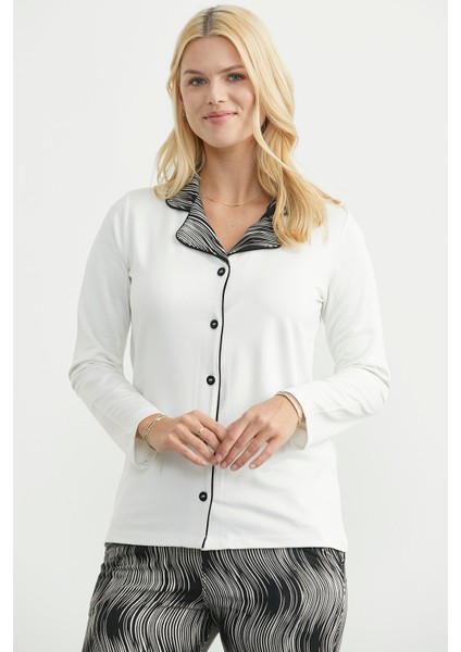 Desen Kombinli Düğmeli Pijama Takım - Ekru