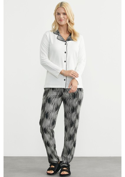 Desen Kombinli Düğmeli Pijama Takım - Ekru fiyatları