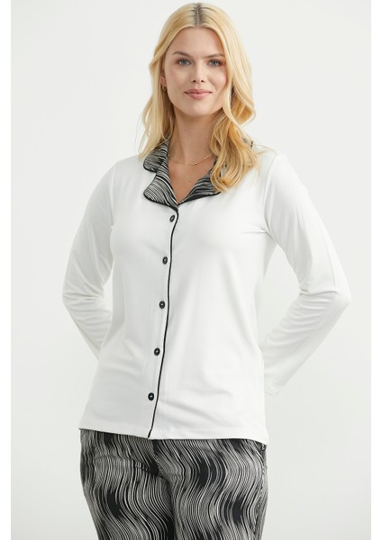 Desen Kombinli Düğmeli Pijama Takım - Ekru modelleri