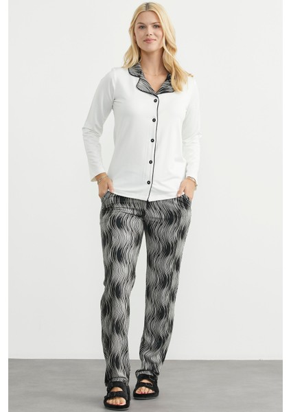 Desen Kombinli Düğmeli Pijama Takım - Ekru fırsatları