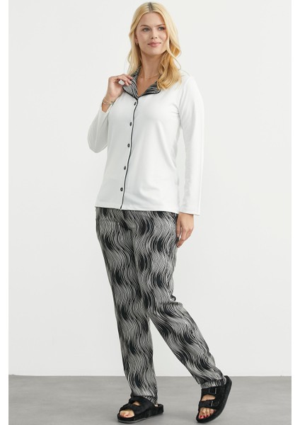 Desen Kombinli Düğmeli Pijama Takım - Ekru indirimleri