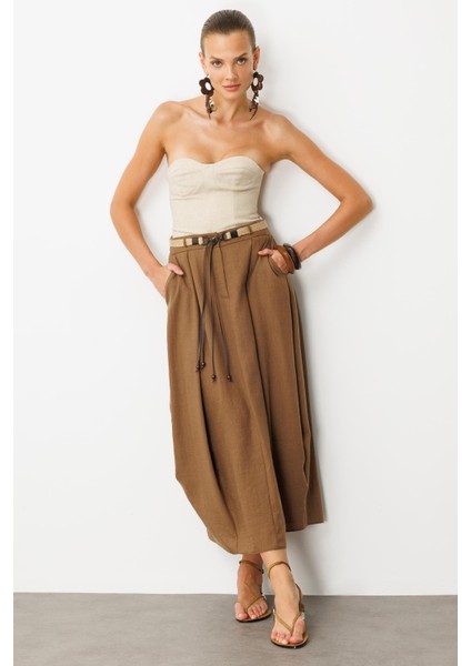 Kemer Detaylı Keten Görünümlü Etek-Kahve