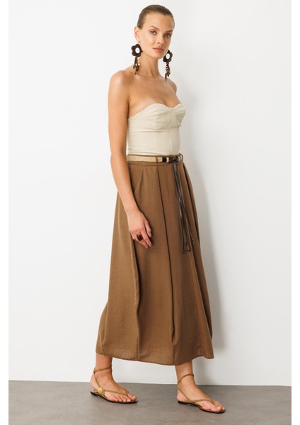 Kemer Detaylı Keten Görünümlü Etek-Kahve fiyatları