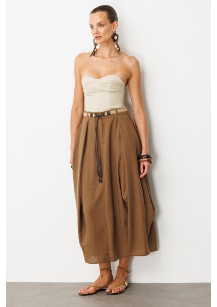 Kemer Detaylı Keten Görünümlü Etek-Kahve modelleri