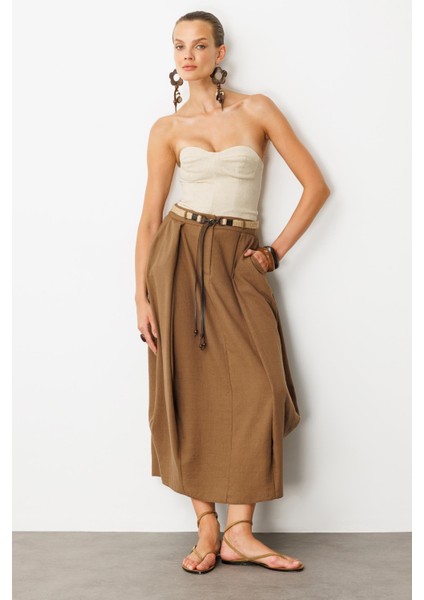 Kemer Detaylı Keten Görünümlü Etek-Kahve fırsatları