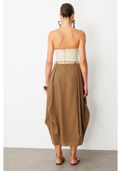 Kemer Detaylı Keten Görünümlü Etek-Kahve indirimleri