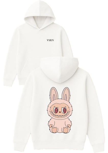 Labubu Krem Tasarım Baskılı Oversize Beyaz Kapüşonlu Sweatshirt