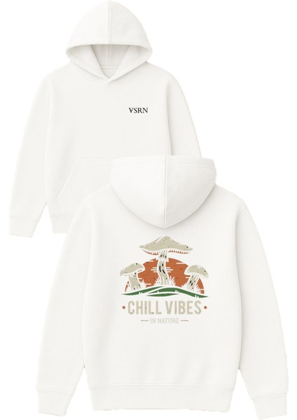 Chıll Vıbes Tasarım Baskılı Oversize Beyaz Kapüşonlu Sweatshirt