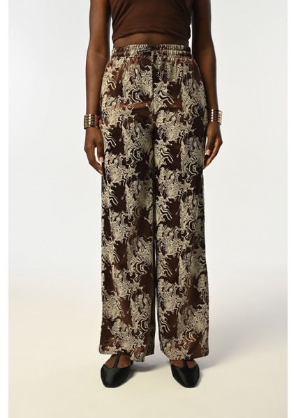 Kadın Beli Lastikli Bol Paça Karışık Desenli Kahverengi Pantolon