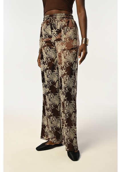 Kadın Beli Lastikli Bol Paça Karışık Desenli Kahverengi Pantolon fiyatları