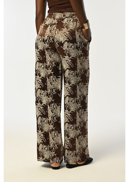 Kadın Beli Lastikli Bol Paça Karışık Desenli Kahverengi Pantolon modelleri