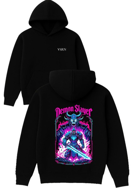 Demon Slayer Tasarım Baskılı Oversize Siyah Kapüşonlu Sweatshirt