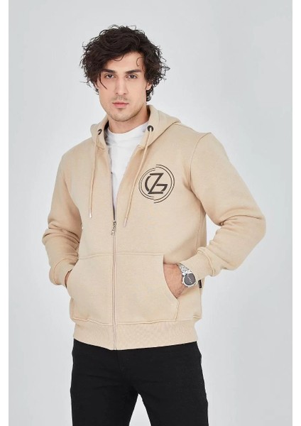 Erkek Kapüşonlu Baskılı Fermuarlı Hırka - Bej fırsatları