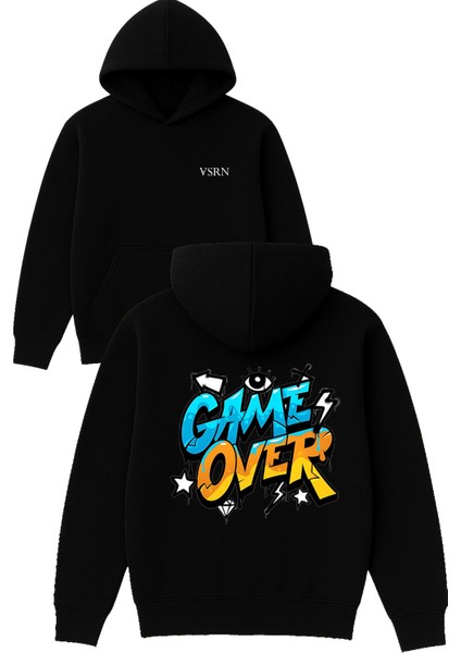 Game Over Mavi Turuncu Tasarım Baskılı Oversize Siyah Kapüşonlu Sweatshirt