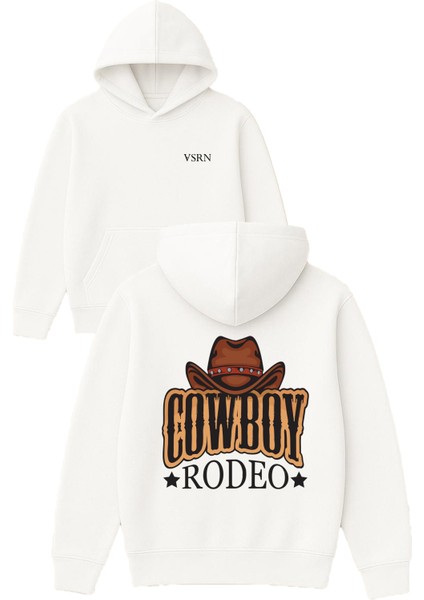 Cowbow Rodeo Tasarım Baskılı Oversize Beyaz Kapüşonlu Sweatshirt