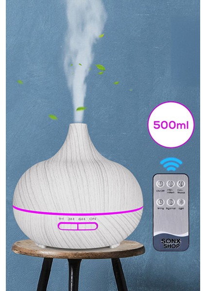 Aroma Difüzör Gece Işığı Beyaz Parke Desen 7 LED Nemlendirici Kumandalı 550 ml Buhar Makinesi