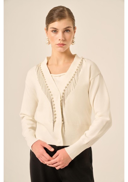 Kadın Şerit Detay Hırka Ekru 25004