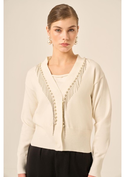 Kadın Şerit Detay Hırka Ekru 25004 fiyatları