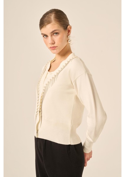 Kadın Şerit Detay Hırka Ekru 25004 modelleri